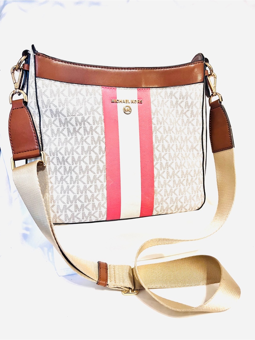 Michael Kors Cream/ Pink Stripe MK Logo Crossbody-Jet Set Travel Messenger Bag